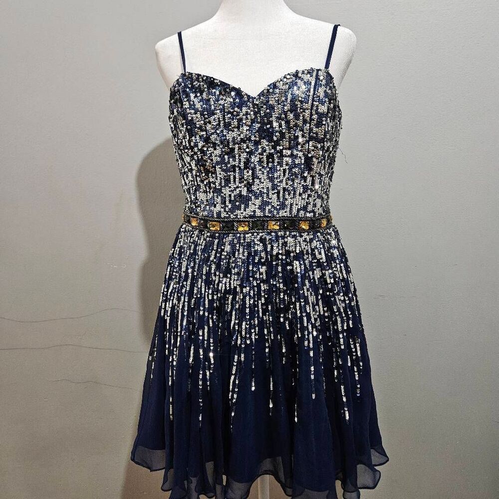 Sheri Hill 8413 Navy Short Silk Tulle Fit & Flare Cocktail Evening Dress Size 2